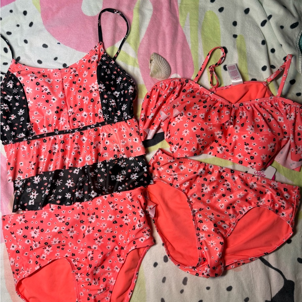 Justice Pink and Black One Piece Swimsuit with Floral Print